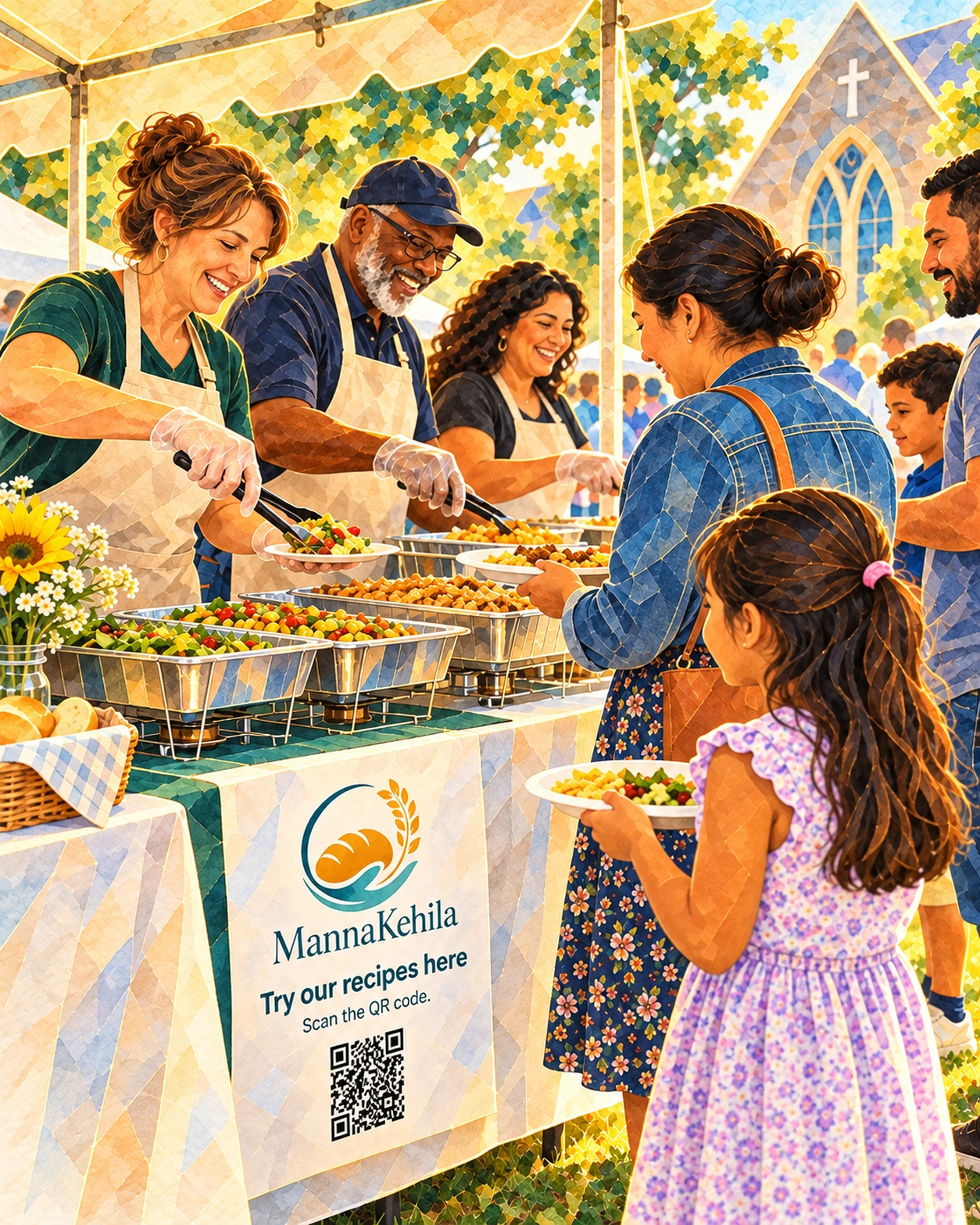 Volunteers serve neighbors at a church food event, beside a MannaKehila invitation to try recipes and scan a QR code.