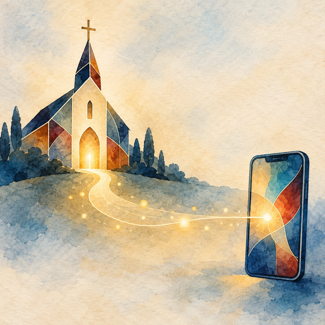 A glowing path connects a church doorway to a phone, illustrating a digital doorstep where relationships can continue.
