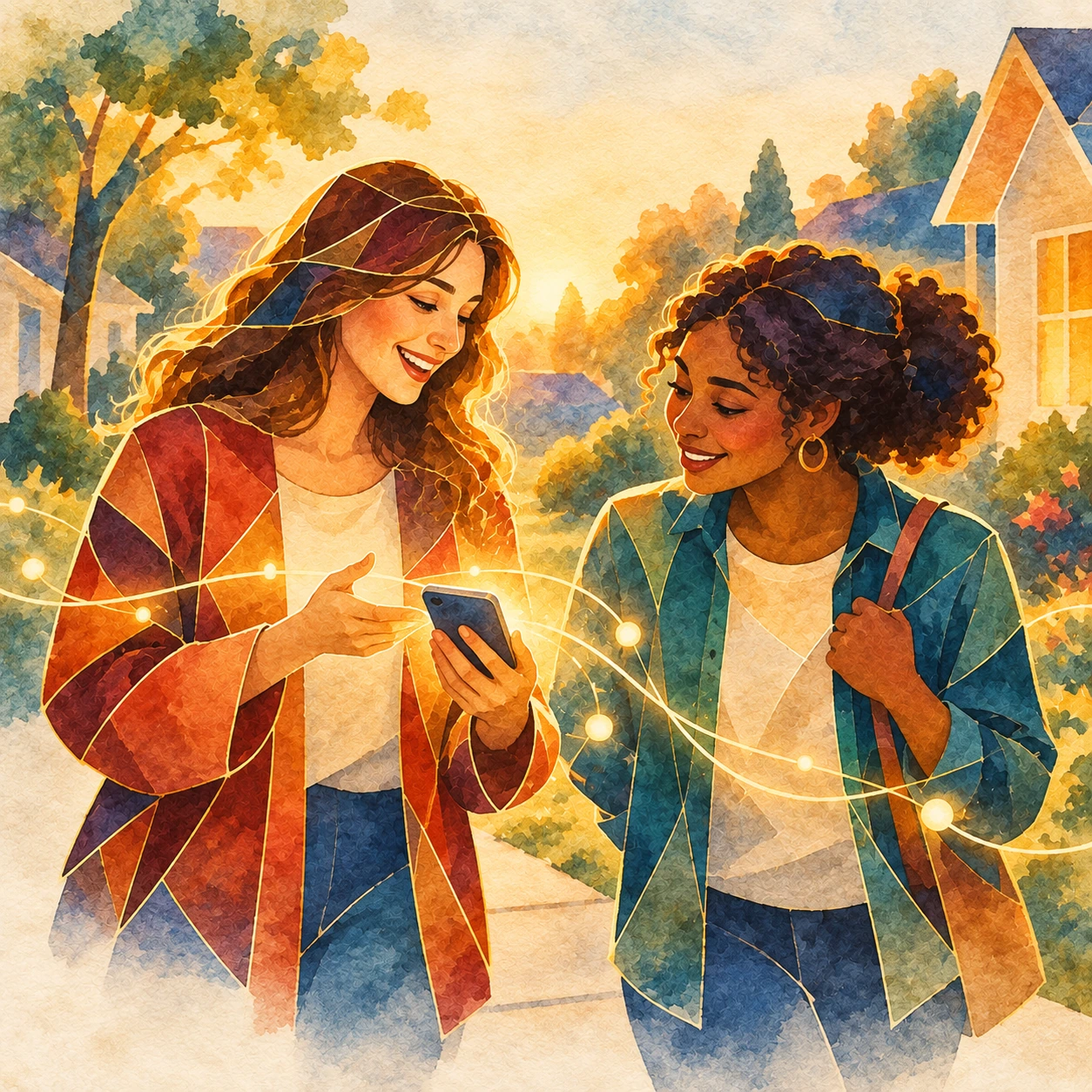 Two people share a recipe on a phone outside a church.