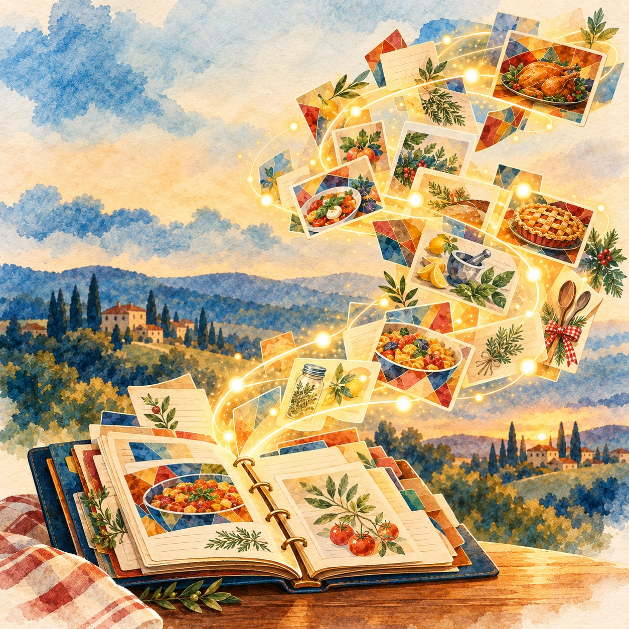 Recipes rise from an open cookbook into a growing, living collection.