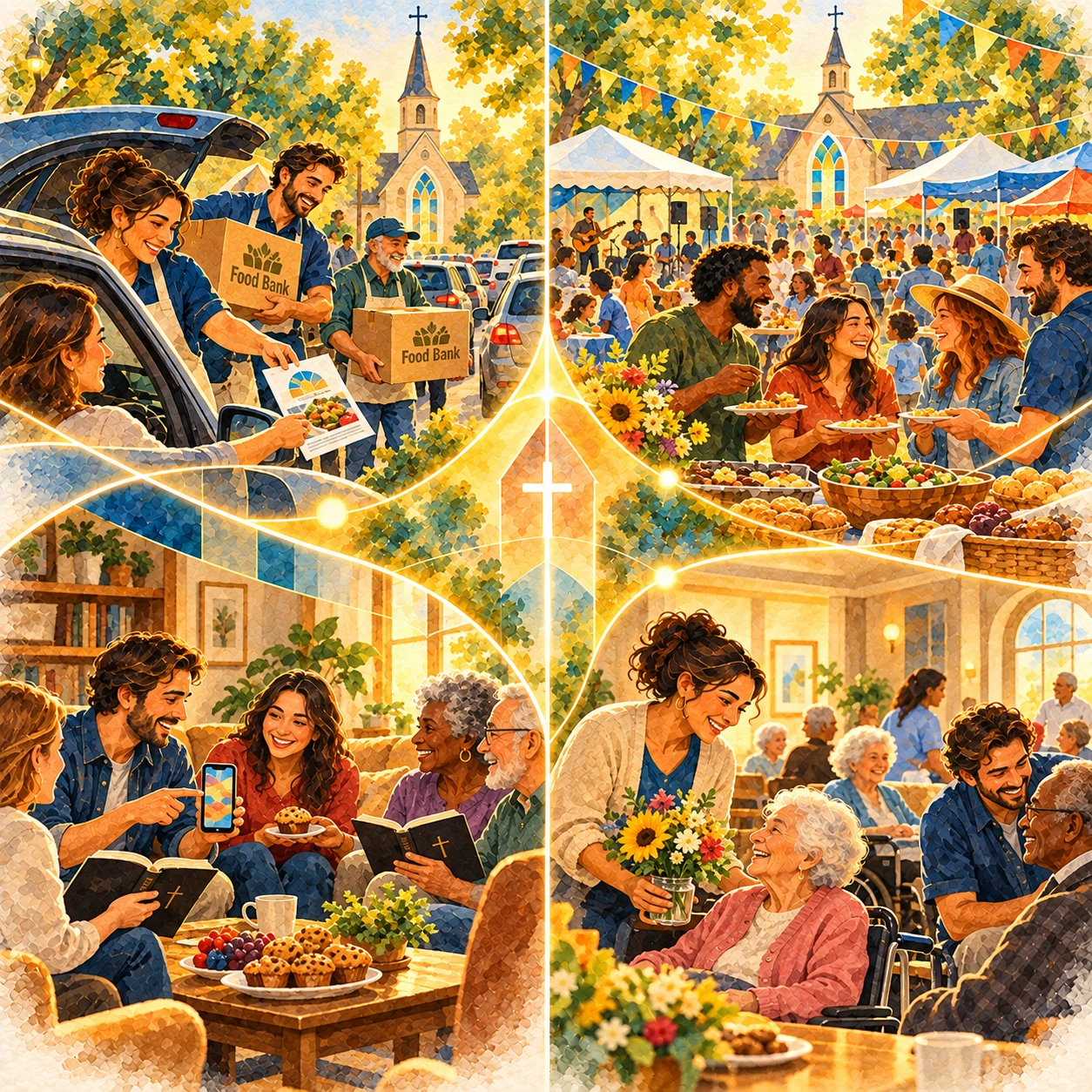 Four ministry settings: food pantry pickup, a church food festival, small-group Bible study, and senior-care visitation.