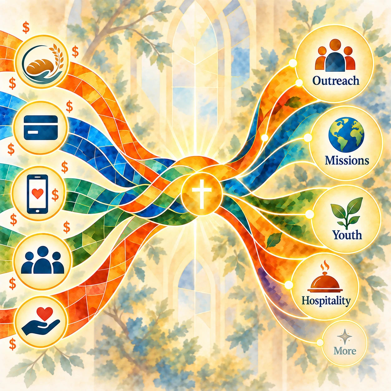 Support from MannaKehila, credit cards, a phone with a heart, a group of people, and a hand with a heart flows toward outreach, missions, youth, hospitality, and more.