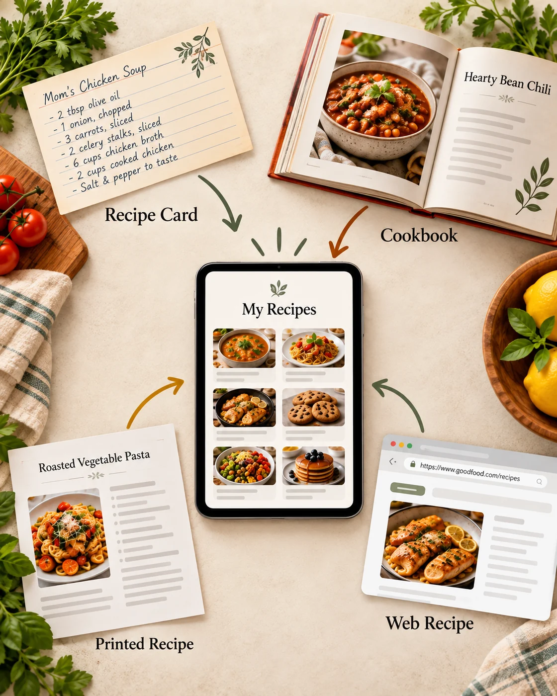 Handwritten cards, a cookbook, a printed recipe and a web recipe gathered into a personal recipe collection.