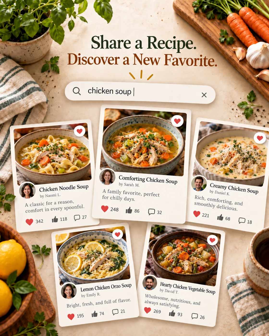 A shared recipe collection with search, favorites, likes and comments.
