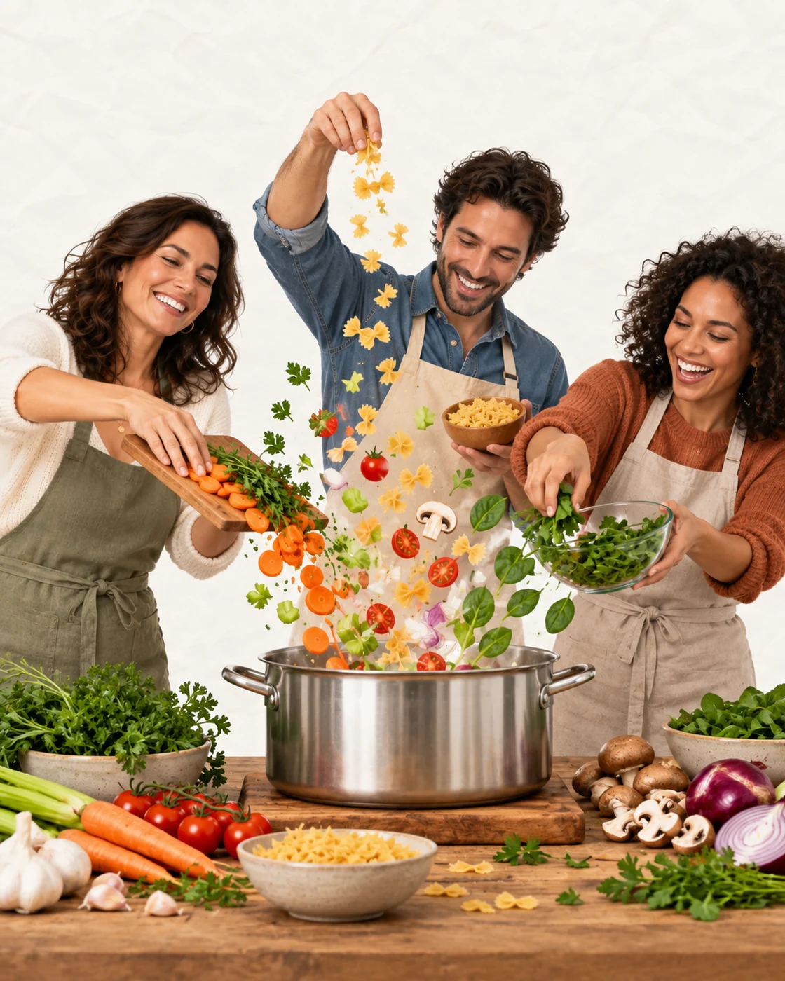 Three smiling cooks toss colorful ingredients into a pot, playfully cooking up new ideas together.