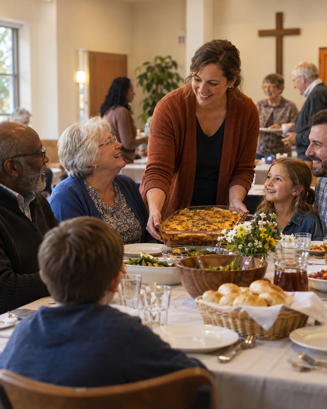 A woman shares a dish with friends at a church potluck.